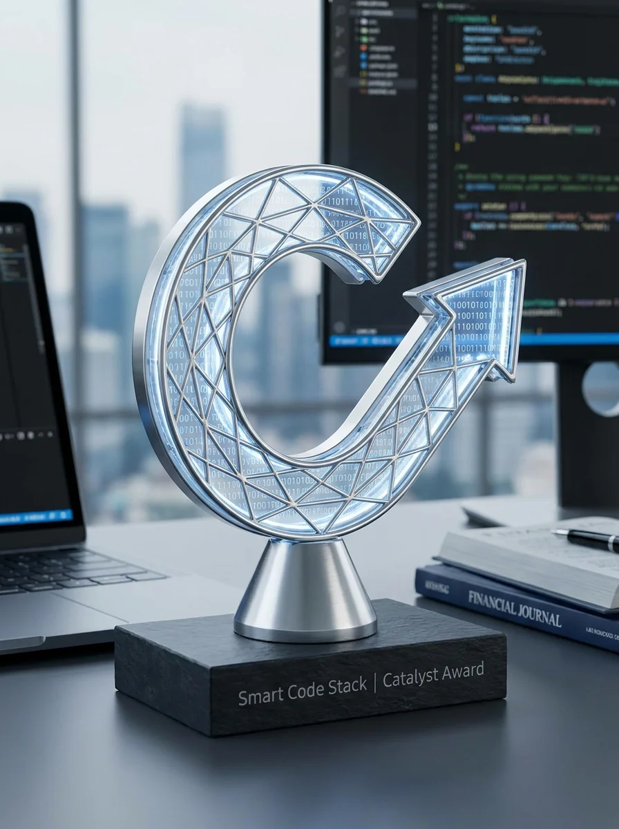 Crystal Smart Code Stack Catalyst Award trophy displayed in a software development workspace